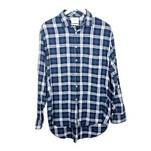 Billy Reid Mens Plaid Navy Blue Cotton Standard Fit Button Down Shirt Size Large